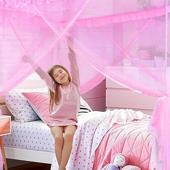tupi Canopy Bed Curtains -Twin Bed Canopy for Girls, Pink Girls Canopy for Twin Bed, Princess Bed Drapes Polyester Netting - 4 Corner Bed Curtain Bedroom Decor, 79"L x 39'' W x 75"H, Easy to Install