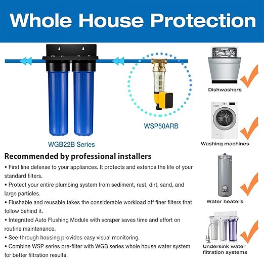 iSpring WGB22B-PB 2-Stage Whole House Water Filter System with 20" x 4.5" Sediment, Carbon, and Lead Reducing Water Filters, Model: WGB22B-PB