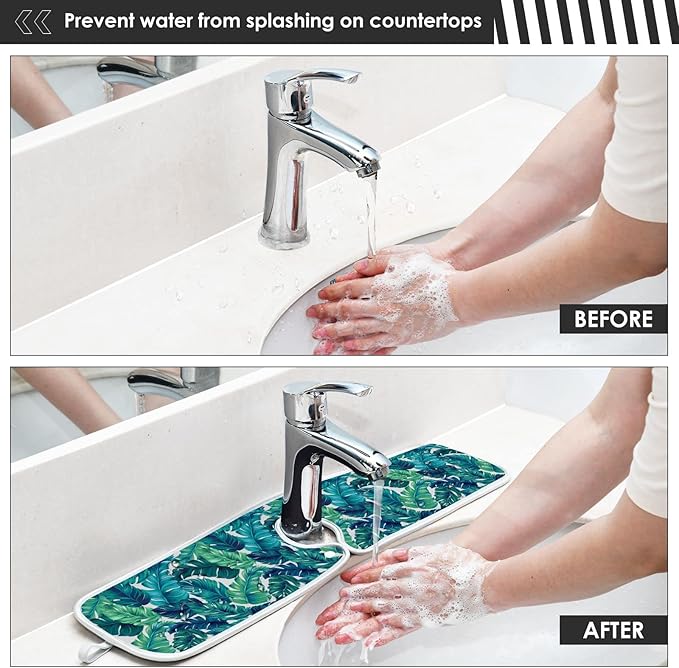 Kitchen Faucet Absorbent Mat,Turquoise Green Palm Leaves Water Splash Guard for Sink, Faucet Drip Catcher Thicken Sponge Microfiber Faucet Water Catcher Mat Sink Absorbent Mat for Kitchen 30x5in 2Pack