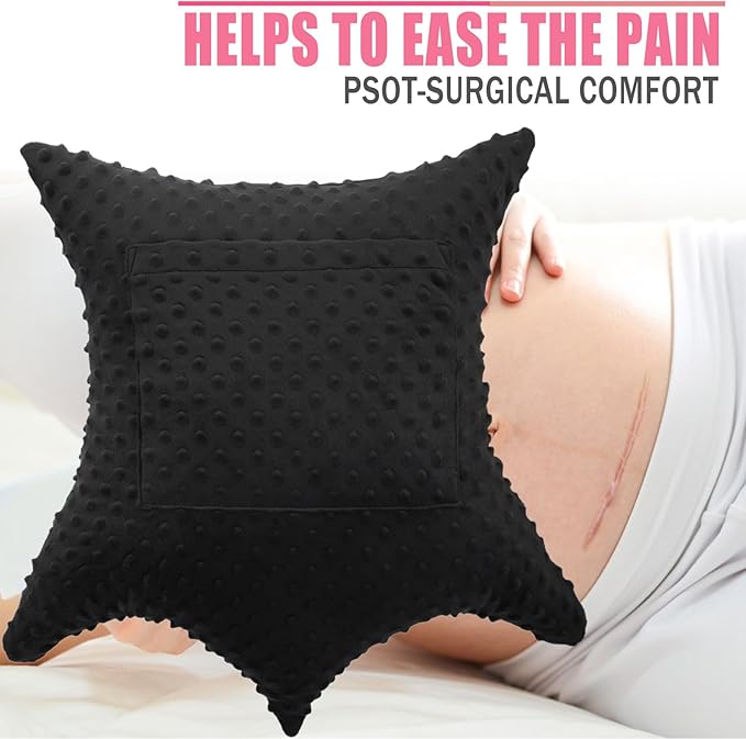 Star Hysterectomy Abdominal Pillows with 2 Pockets, Stomach Pillow after Surgery C-Section Tummy Tuck Support Gifts with Hands Placement Pouch Endometriosis Comfort Recovery Women Men Black