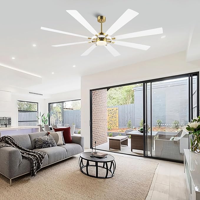 80" Ceiling Fan with Lights and Remote Control, Wood 8 Blades 6-Speed Noiseless Reversible DC Motor, 3 Downrods, Modern Large Ceiling Fan for Bedroom Dining Living Room, Gold Finish+White