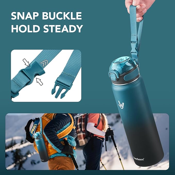 Enerbone Insulated Water Bottle, 32 oz Stainless Steel Water Bottles with Carrying Strap, Double-Wall Vacuum Insulation Thermos, Leakproof Sports Bottle with Straw, Keep Drinks Hot or Cold for Hours