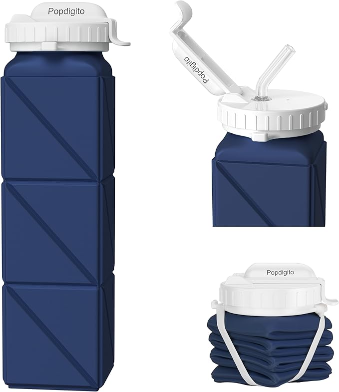 Collapsible Water Bottles 20.7oz Leakproof with Straw Lid Food-Grade BPA-Free Silicone Travel Foldable Water Bottles for Sports Office Gym Hiking Driving 610ML (Type2 Navy Blue)