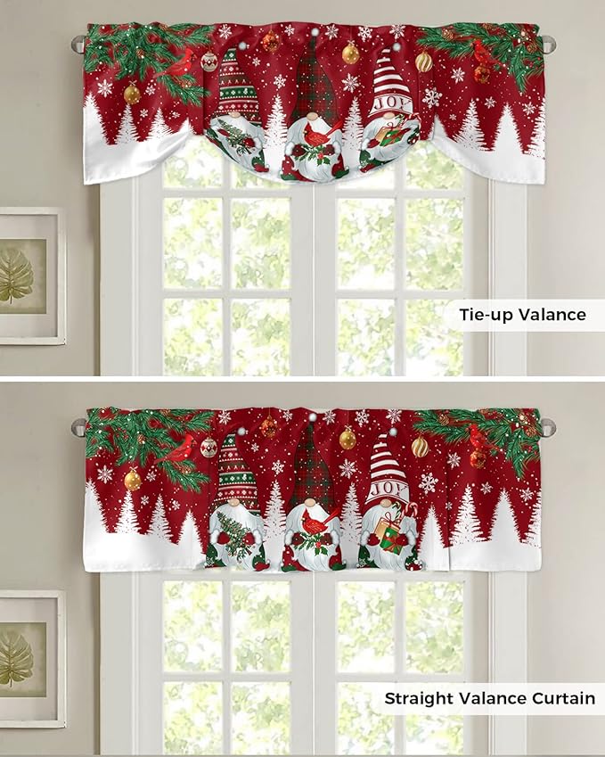 Christmas Gnomes Blackout Tie Up Valance Curtains for Kitchen Windows Red Winter Holidays Window Toppers Balloon Shades for Living Room/Bathroom/Bedroom,1 Panel,54" X 18" White Snowflakes Xmas Trees