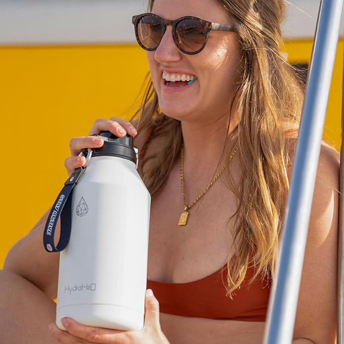 64 oz Insulated Water Bottle With Straw Pop-up & Auto Spout Lid, Flex Handel, Waterbottle Strap Carrier, Half Gallon Stainless Steel Water Hydro Jug Thermo Flask(Chive Green)