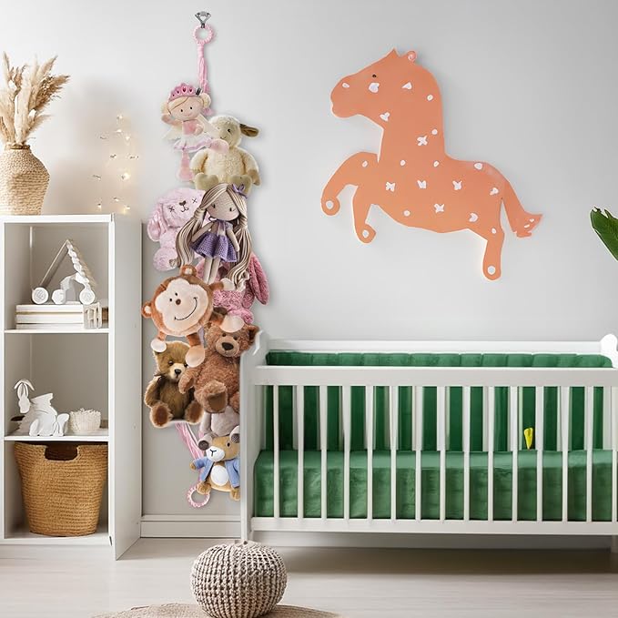 Stuffed Animal Storage Chain 80 Inch, 4pcs Pink Hanging Stuff Animals organizer, Cotton Toy Display Chain with 80 Clips, Toys Organizers Holder for Toddler Kids Nursery Room Wall Corner Decor