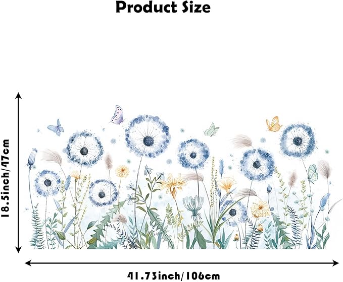 Large Blue Dandelion Wall Stickers Attractive Flying Flower Butterfly Wall Decals Bedroom Office Bathroom Living Room Floral Wall Decals Removable Wall Art Decoration Peel and Stick Room Wall Decor