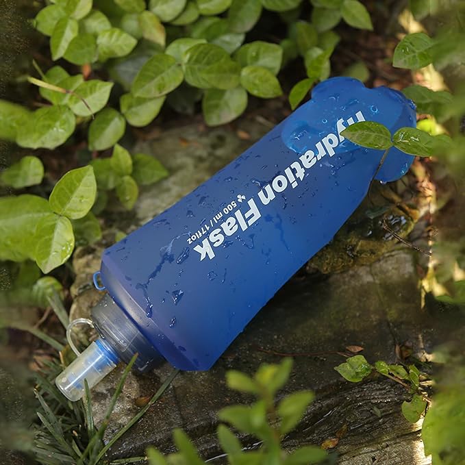 TRIWONDER TPU Soft Folding Water Bottles BPA-Free Collapsible Flask for Hydration Pack - Ideal for Running Hiking Cycling Climbing (500ml/16.9oz - Blue - Pack of 2)