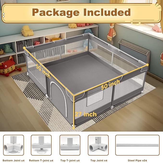 Baby Playpen 50 x 50 Inch Play Pen Playards, Playpen for Babies and Toddlers, Baby Playard for Indoor & Outdoor Active Center Game Fence, with Skin-Friendly Fabric and Soft Breathable Mesh Grey