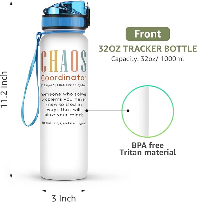 Macorner Chaos Coordinator Water Bottle Time Marker 32oz Leakproof - Birthday Gift Idea for Boss Women Coworker Manager Teacher Boss Lady Office Work Bestie - Suitable for School Gym Nurse Farewell