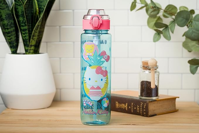 Silver Buffalo Sanrio Hello Kitty Pool Party Plastic Blue Water Bottle with Locking Lid, Strap, and Hydration Tracker, 33 Ounces