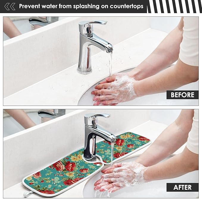 Kitchen Faucet Absorbent Mat,Rose Flower Floral Water Splash Guard for Sink, Faucet Drip Catcher Thicken Sponge Microfiber Faucet Water Catcher Mat Sink Absorbent Mat for Kitchen 30x5in 2 Pack