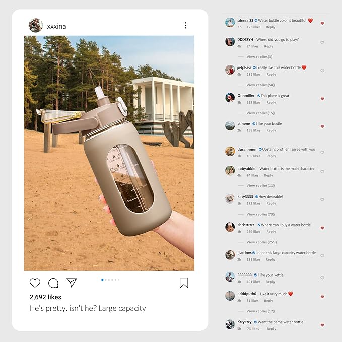 kytffu 42oz Glass Water Bottles with Straw, Motivational Glass Bottle with Silicone Sleeve and Time Marker, Leakproof Large Glass Water Jug for Gym Home Office,Amber