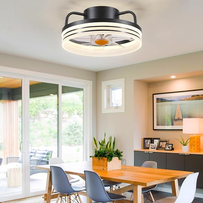 Ceiling Fans with Lights - 13" Bladeless Flush Mount Ceiling Fans with Remote and Led Light, 3CCT 6 Speeds 2 Timer, Black Low Profile Ceiling Fan Light for Modern Indoor Bedroom