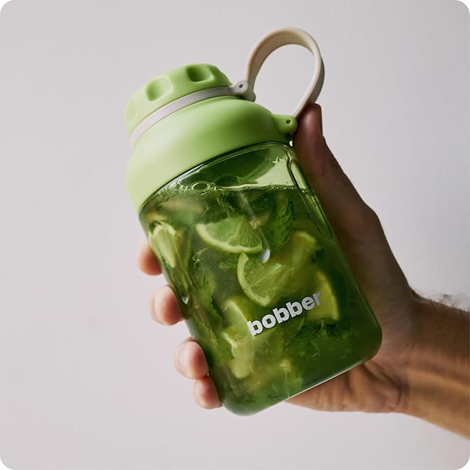 BOBBER 20 oz Tritan Water Bottle with Ice Strainer & Strap — BPA Free, Leak Proof & Dishwasher Safe Wide Mouth Hard Plastic Water Bottle — Stylish Plastic Water Bottles for Women, Men, Workout (Green)
