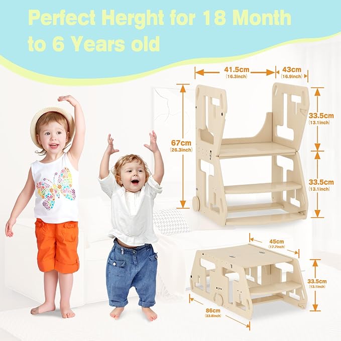 Toddler Step Stool, Potty Training Seat, 2 in-1 Toddler Learning Tower, Folding Adjustable Height Platform Toddler Step Stool with Handles and Wheels, Wooden Convertible Kids Table and Stool Set