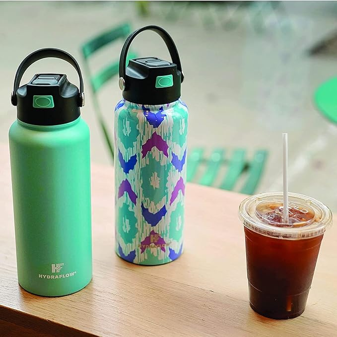 Hydraflow Hybrid - Triple Wall Vacuum Insulated Water Bottle with Flip Straw (34oz, Powder Navy) Stainless Steel Metal Thermos, Reusable Leak Proof BPA-FREE for Sports and Travel
