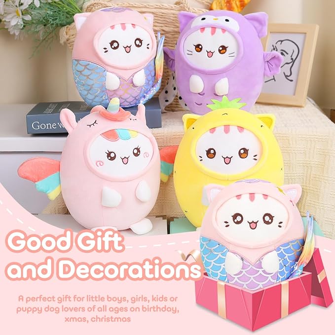 Cute Plush Mermaid Cat Stuffed Animal Pillow, 8" Soft Kawaii Kitten Plushie with Mermaid Outfit Gift for Kids