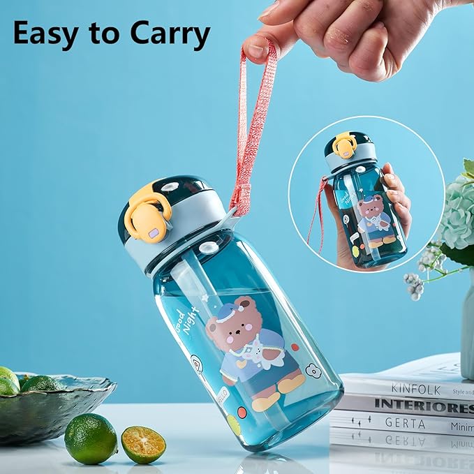Kid Water Bottle, Cute Water Bottle, Kawaii Water Bottle with Straw and Strap, Clear Bear Water Bottles for Travel, Outdoor, 14oz
