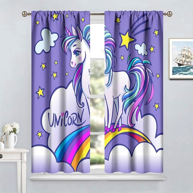 Kids Unicorn Curtains Purple Cartoon Rainbow Cartoon Room Blackout Curtains Boys Girls Baby Room Decor Curtains Living Room Decor 42x63 Inch 2 Panels