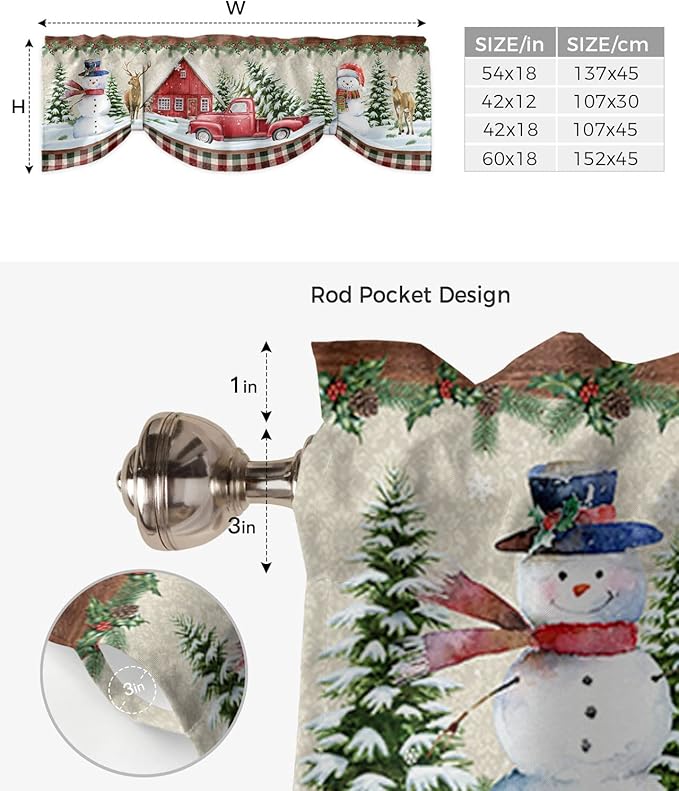 Christmas Farmhouse Blackout Tie Up Valance Curtains for Kitchen Windows Snowman Farm Red Truck Window Toppers Balloon Shades for Living Room/Bathroom/Bedroom,1 Panel,42" X 18" Winter Holiday