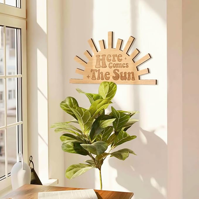 Here Comes The Sun Wooden Wall Sign Boho Nursery Room Decoration Sunshine Laser Cutting Engraved 14.6x7.6” Wall Decor for Home Living Room Kitchen Bathroom Bedroom Playroom