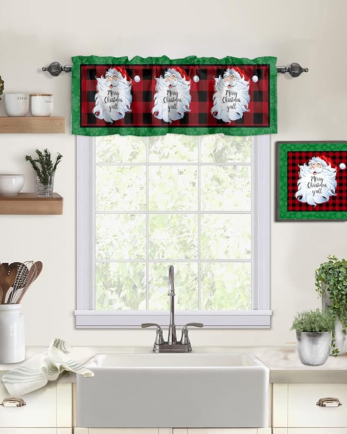 Merry Christmas Y'all Kitchen Curtains Valances for Windows XMAS Santa Claus Rod Pocket Window Treatment for Kitchen/Living Room/Bedroom/Bathroom,60" X 18" -1 Panel, Red Buffalo Plaid