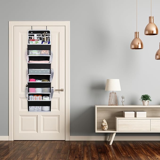 Univivi Over the Door Organizer, Door Hanging Organizer Nursery Door Storage with 4 Large Compartments and 2 Small PVC Pockets 6 Side Pockets for Bathroom,Cosmetics and Nursery Baby Essential - Black