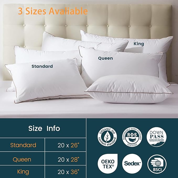 Luxury Hungarian White Goose Down Pillows Standard Size (Pack of 2) - 750 Fill Power - 500 Thread Count 100% Cotton Shell - Soft and Support Down Bed Pillow for Sleeping - Standard (20 x 26”)