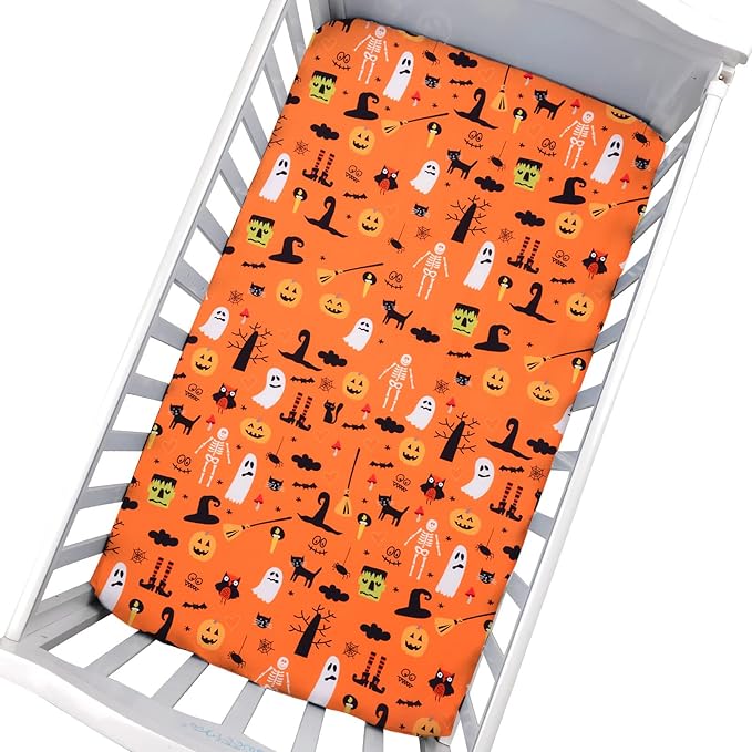 JISEN Baby Crib Sheet 1 Piece Portable Fitted Crib Sheet for Standard Crib and Toddler Mattresses Nursery Bed Decor for Boys Girls 28x52 Halloween Ghost