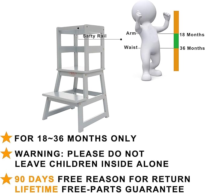 SDADI Kitchen Step Stool for Toddlers and Kids Ages 18 Months to 3 Years Old with Adjustable Height and Solid Wood Railings, Gray