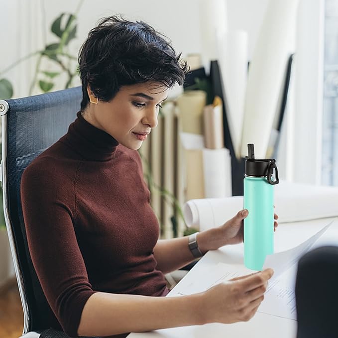 Volhoply 24 Ounce Insulated Water Bottle With Straw Lid,Stainless Steel Wide Mouth Sport Bottles With Handle,Double Wall Vacuum Thermos keep Cold,Reusable Travel Thermal Cups For Holder,Gym(Mint,1)