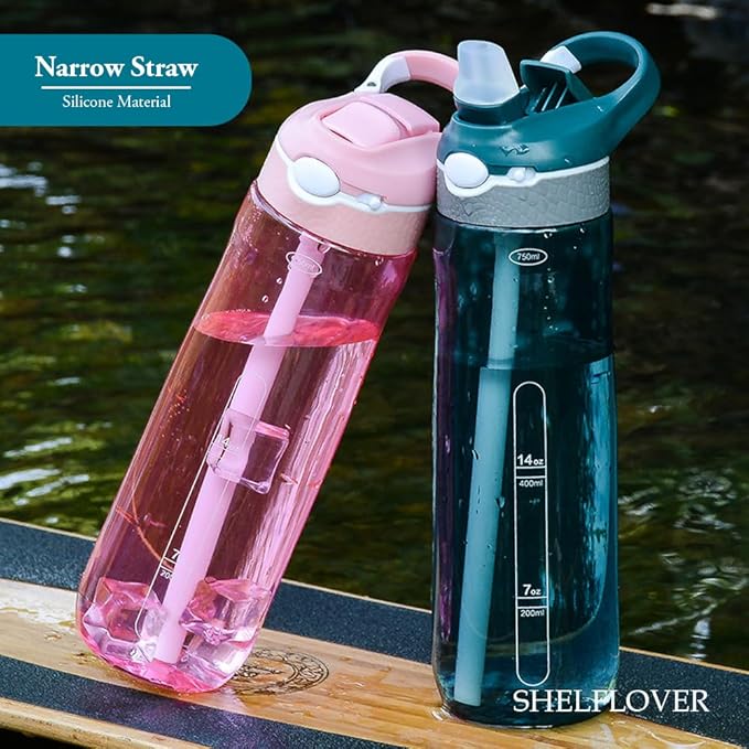 SHELFLOVER Pink Water Bottle With Narrow Straw, BPA FREE Clear Bottles With Handle One Hand Use Easy Carried, Flip Up, Suit School, Office, Gym, Office For Women 24oz (750ml)