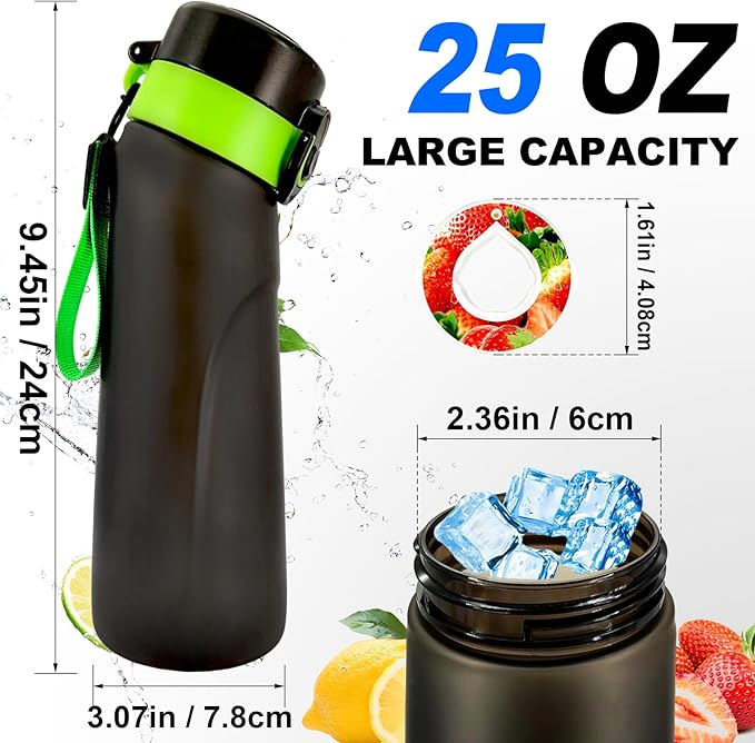 Air Water Bottle with Flavor Pods, 25 OZ Tritan Sports Water Bottle with Straw, Scented Water Bottle with Handle (Black Green+5 Flavor Pods)