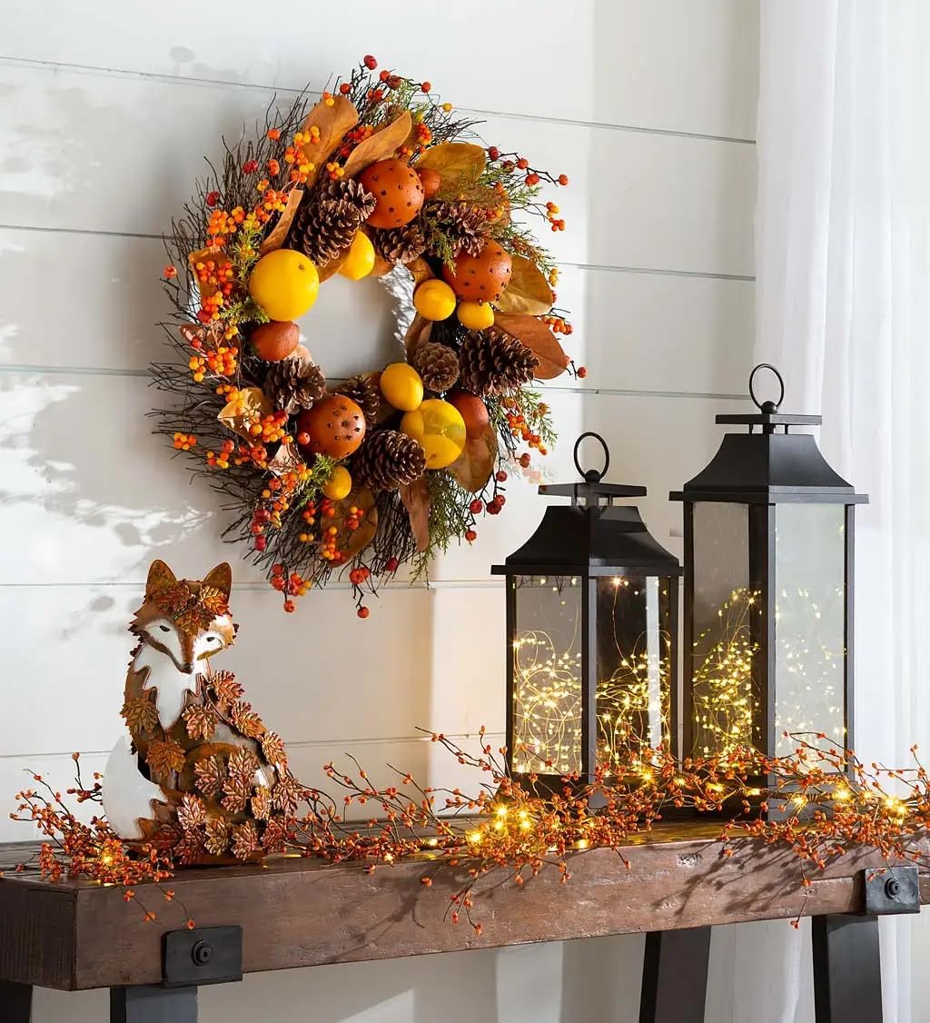 Elenon Metal Fox Statue Art Garden Decoration, Handcrafted Standing Fox Ornament Decor with Fall Leaves, Mid Century Fox Figurine Outdoor Decor for Patios, Lawns, Flower Bed