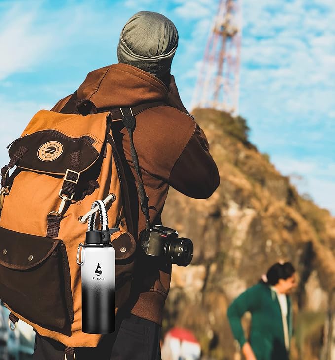 Farsea Insulated Water Bottle with Straw Lid & Spout Lid & Paracord Handle, Stainless Steel Water Bottle Wide Mouth, Double Wall Sweat-Proof BPA-Free, 40 oz, Gradient White + Black