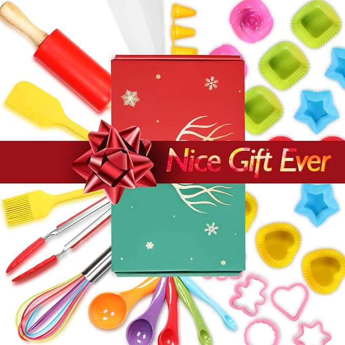 Kids Cooking and Baking Set 40 Pcs with Gift Box, Real Kitchen Utensils Kit for Children Toddlers Teens, Gift for Girls&Boys, Nonstick Rolling Pin Silicone Pastry Mat Cupcake Molds