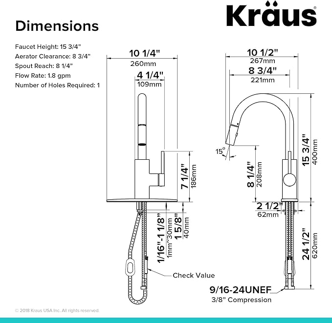 KRAUS Oletto Single Handle Pull Down Kitchen Faucet with QuickDock Top Mount Installation Assembly in Spot-Free Brushed Brass, KPF-2620BB