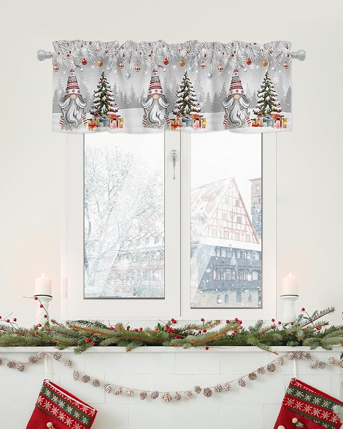 Christmas Gnome Valance Curtains for Kitchen Windows Winter Merry Christmas Tree Balls Rod Pocket Window Treatment Toppers for Kitchen/Living Room/Bedroom/Bathroom, 54" X 18", Grey