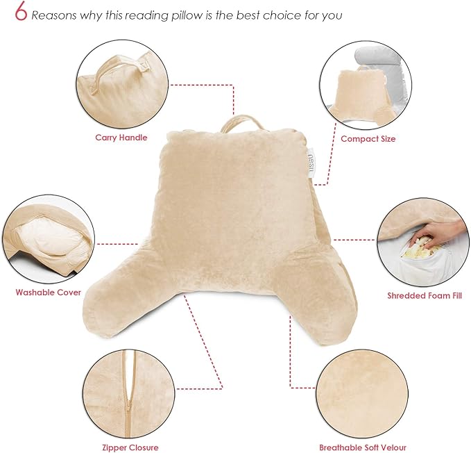 Nestl Reading Pillow Standard Bed Pillow, Back Pillow for Sitting in Bed Shredded Memory Foam Chair Pillow Reading & Bed Rest Pillows Beige Cream Back Pillow for Bed, Bed Chair Arm Pillow with Pockets