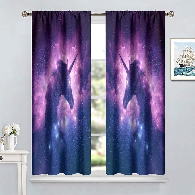 Unicorn Curtains Children's Cartoon Starry Sky Theme Unicorn Pattern Curtains Star Galaxy Boys Girls Room Blackout Curtains 63x63 Inch 2 Panels