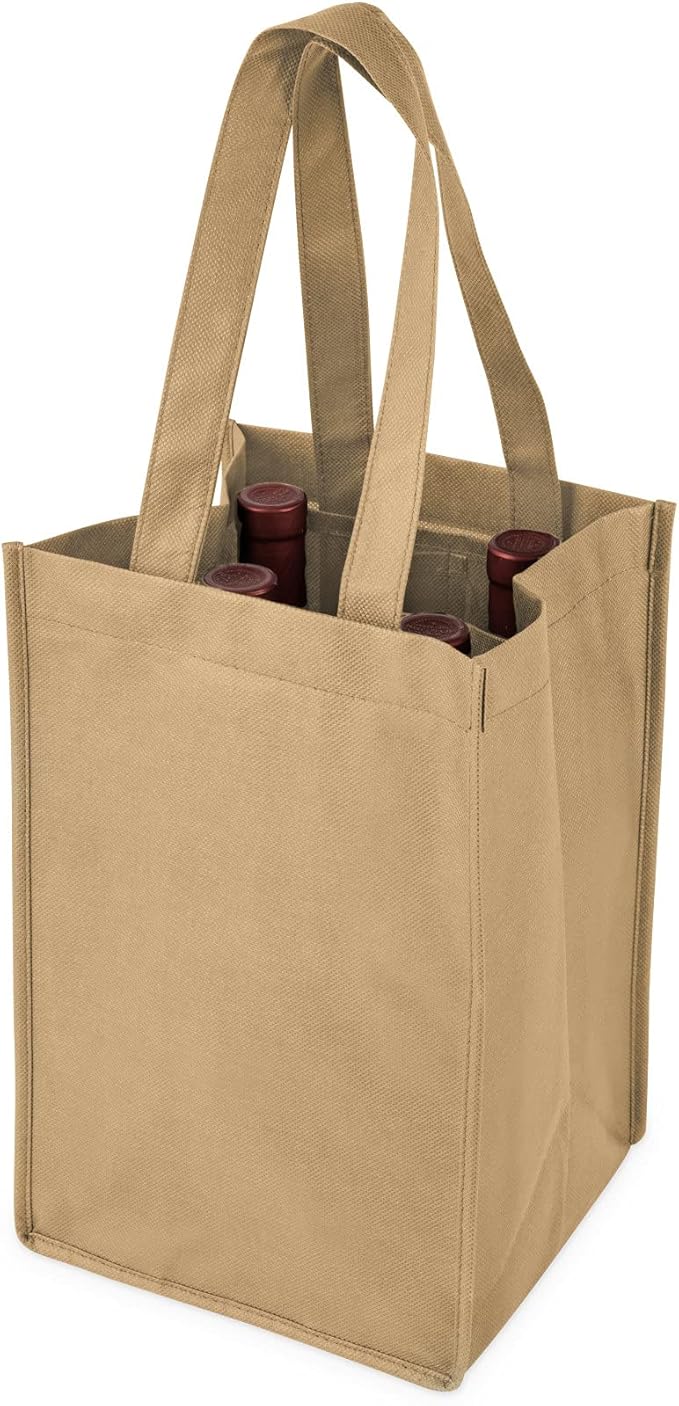 TRUE 4 Dividers, Reusable Bags, Wine Bottle Carrier Tote, Beige