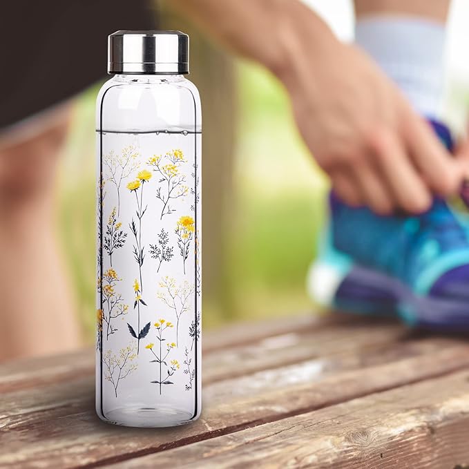 Borosilicate Glass Water Bottle, Sports Glass Drinking Bottle with Neoprene Sleeve and Stainless Steel Lid 16oz / 32oz (16oz, Blooming Branches)