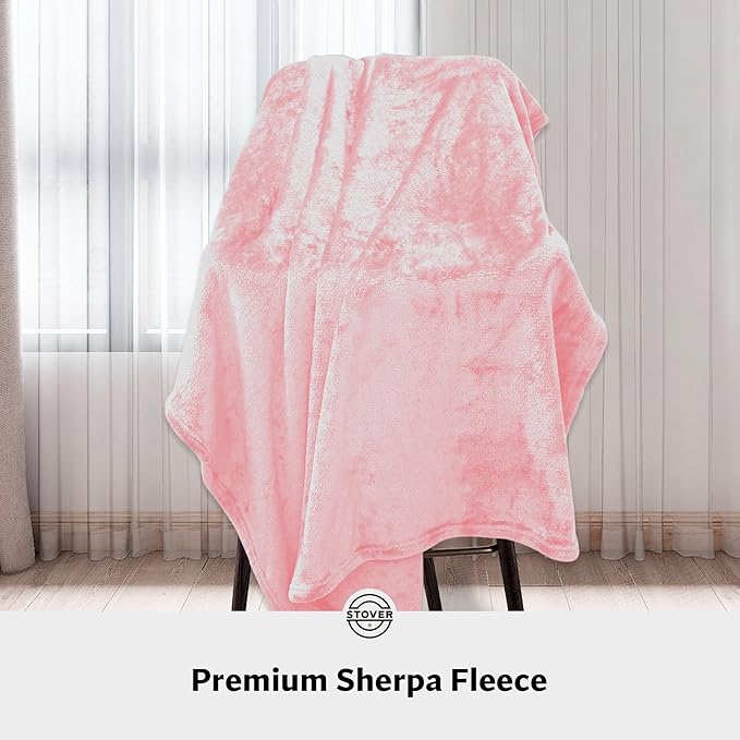 STOVER 2-in-1 Combo Airplane Travel Blanket & Pillow Bag- Lightweight, Compact, Packable, Warm Premium Fleece Set for Long Flights- w/Luggage Sleeve & Backpack Clip- for Men, Women & Families (Pink)