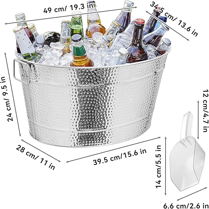 Large Ice Buckets with Handles, IKAYAS Beverage Tub with Scoop and Tongs for Cocktail Bar Mimosa Bar Supplies, Champagne Bucket Beer Bucket, Silver