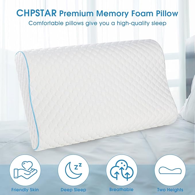Memory Foam Pillow, Neck Bed Contour Pillow for Sleeping, Ergonomic Orthopedic Cervical Pillow for Side Back Stomach Sleeper, Queen,Firm,White
