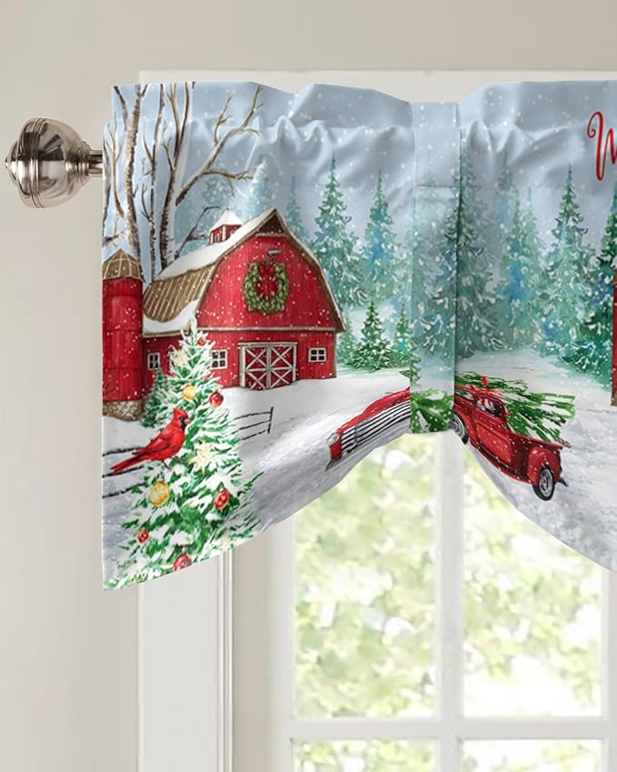 Red Truck Christmas Blackout Tie Up Valance Curtains for Kitchen Windows Merry Christmas Farmhouse Window Toppers Balloon Shades for Living Room/Bathroom/Bedroom,1 Panel, 42" X 12", Winter Xmas Tree