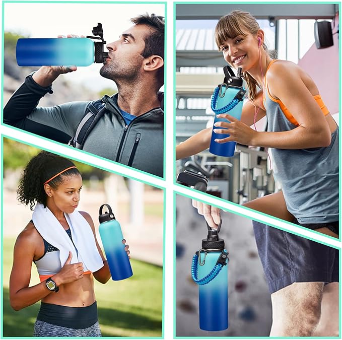Stainless Steel Water Bottle 40oz - Insulated Water Bottle with Straw & Spout Lids, Survival Paracord, Strap Sleeve, Protective Cup Mat, Wide Mouth Thermo Flask Jug for Sports Gym or Office