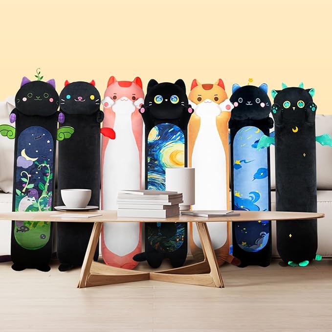 Long Cat Plush Kawaii Kids Plush Toy Pillows, Cute Black Cat Stuffed Animals Soft Plushies, Kitten Big Plush Toys Throw Body Pillow Doll Gift for Girls Boys (Black Starry Cat 20 Inch)