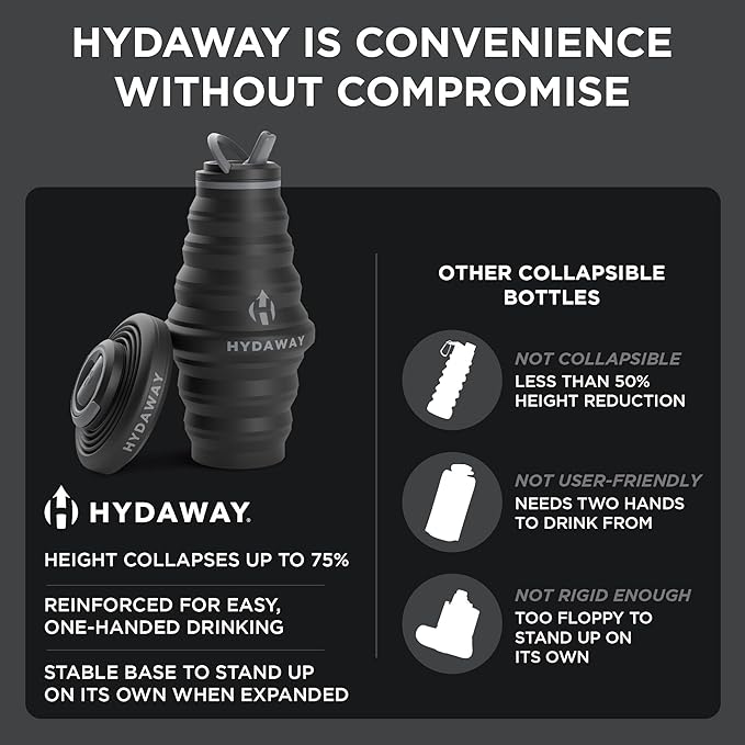HYDAWAY Collapsible Water Bottle - 25oz I Reusable Water Bottle with Flip Top Lid for Travel, Hiking, Backpacking I Portable & Leakproof, Food-Grade Silicone, BPA Free, Collapses to 1.5”